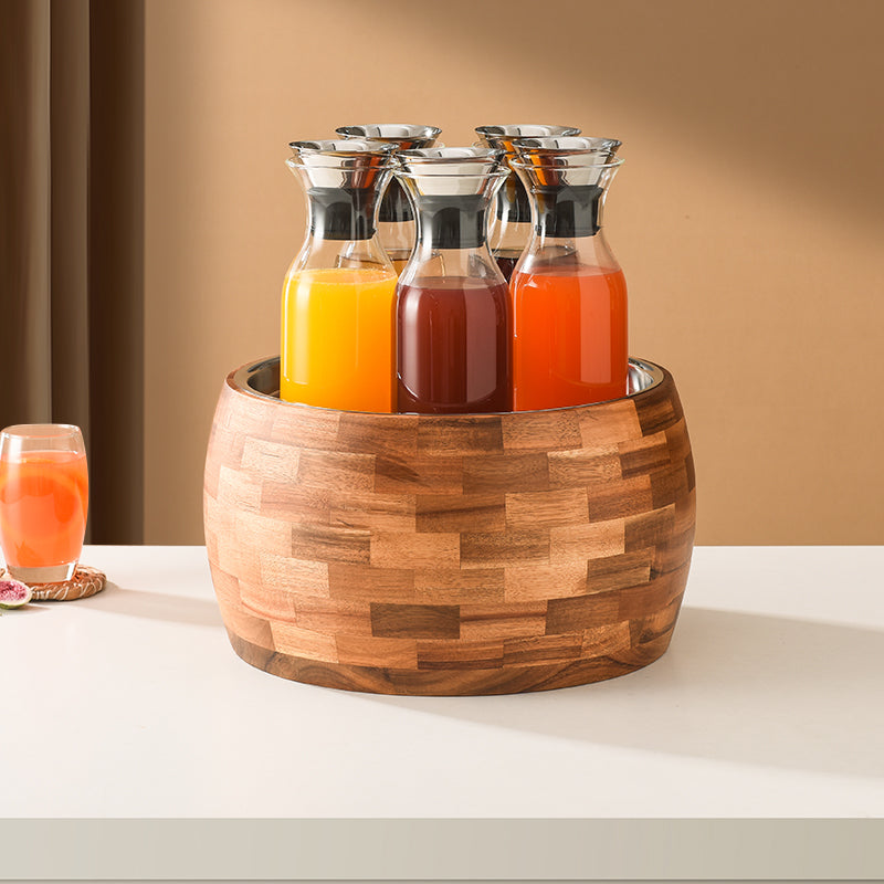 Edicel 6.5L Wooden Beverage Display Stand with 5 Glass Carafes for Hotel Buffet