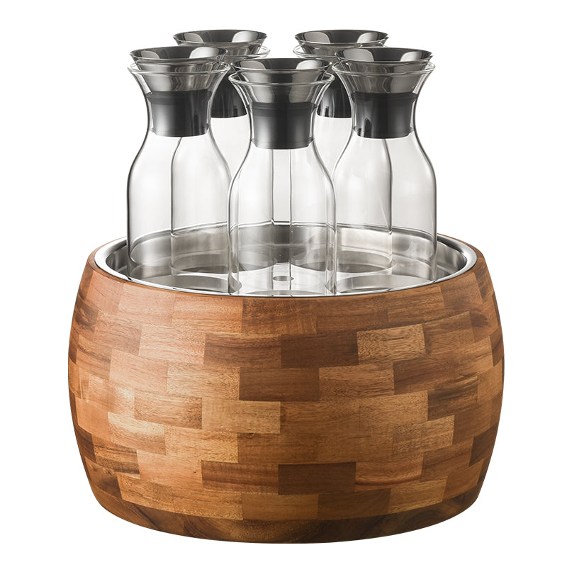 Edicel 6.5L Wooden Beverage Display Stand with 5 Glass Carafes for Hotel Buffet