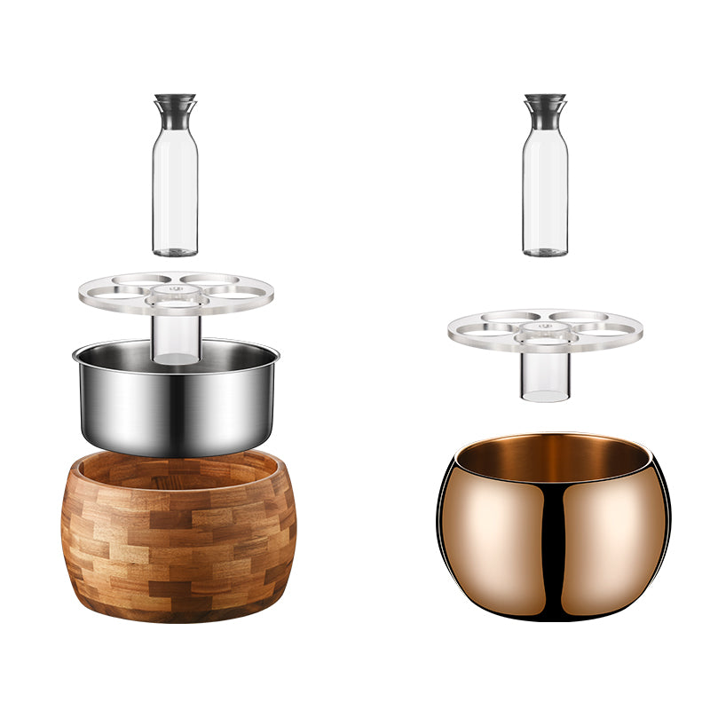 Edicel 6.5L Wooden Beverage Display Stand with 5 Glass Carafes for Hotel Buffet