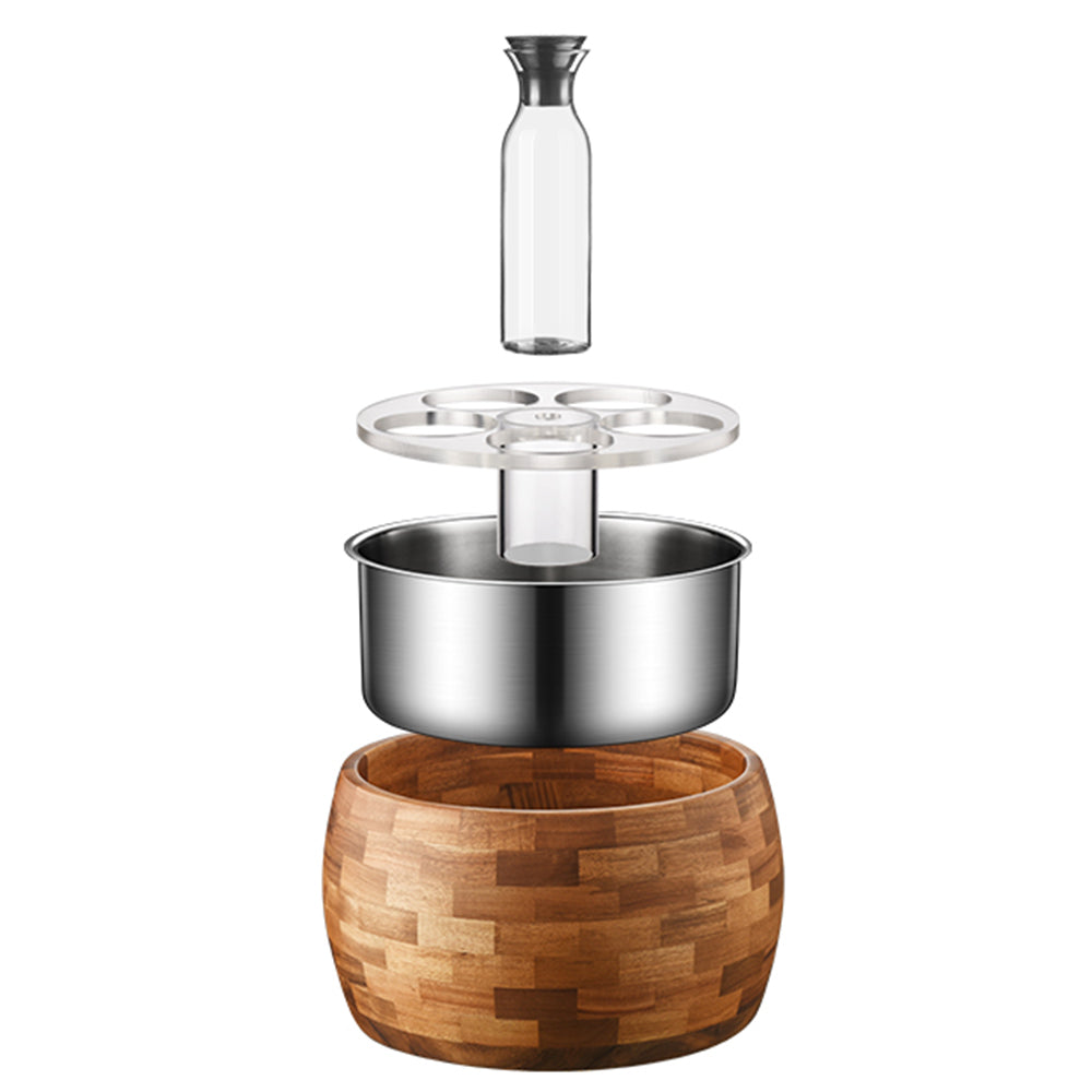 Edicel 6.5L Wooden Beverage Display Stand with 5 Glass Carafes for Hotel Buffet