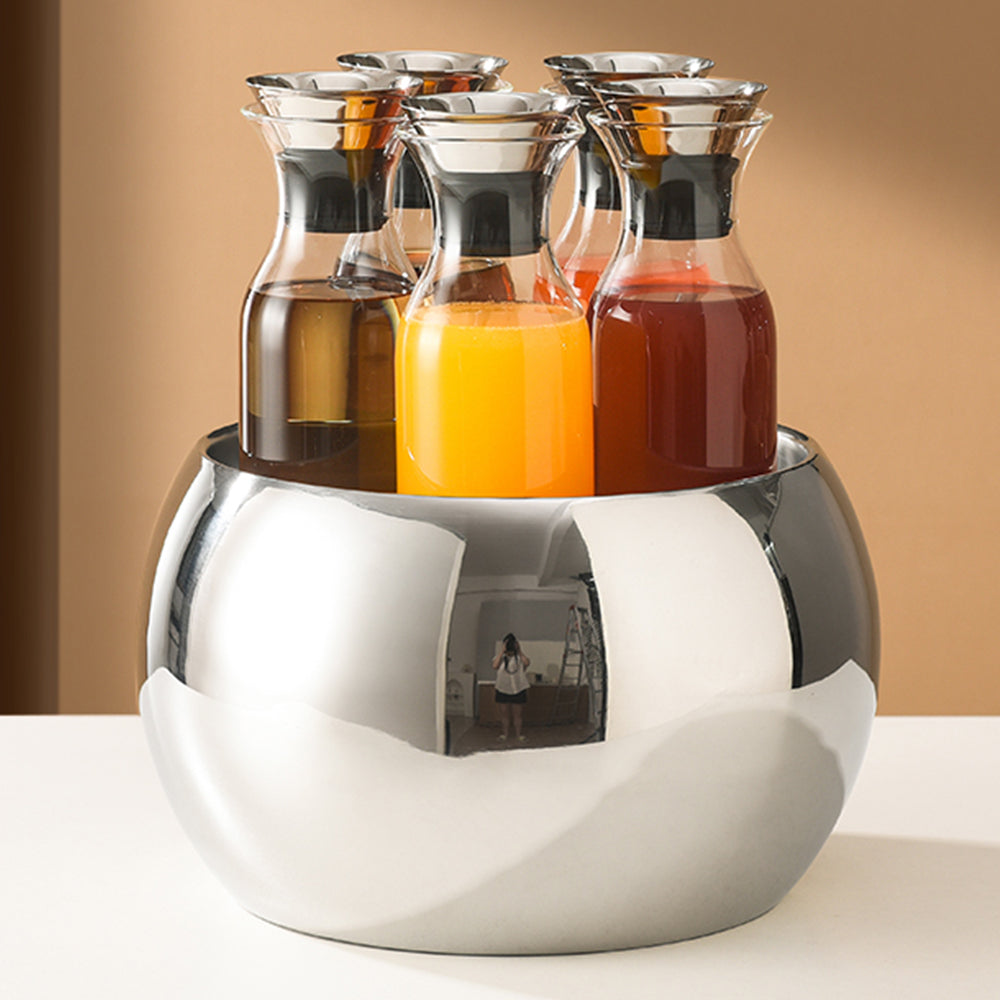 Edicel 6.5L Wooden Beverage Display Stand with 5 Glass Carafes for Hotel Buffet