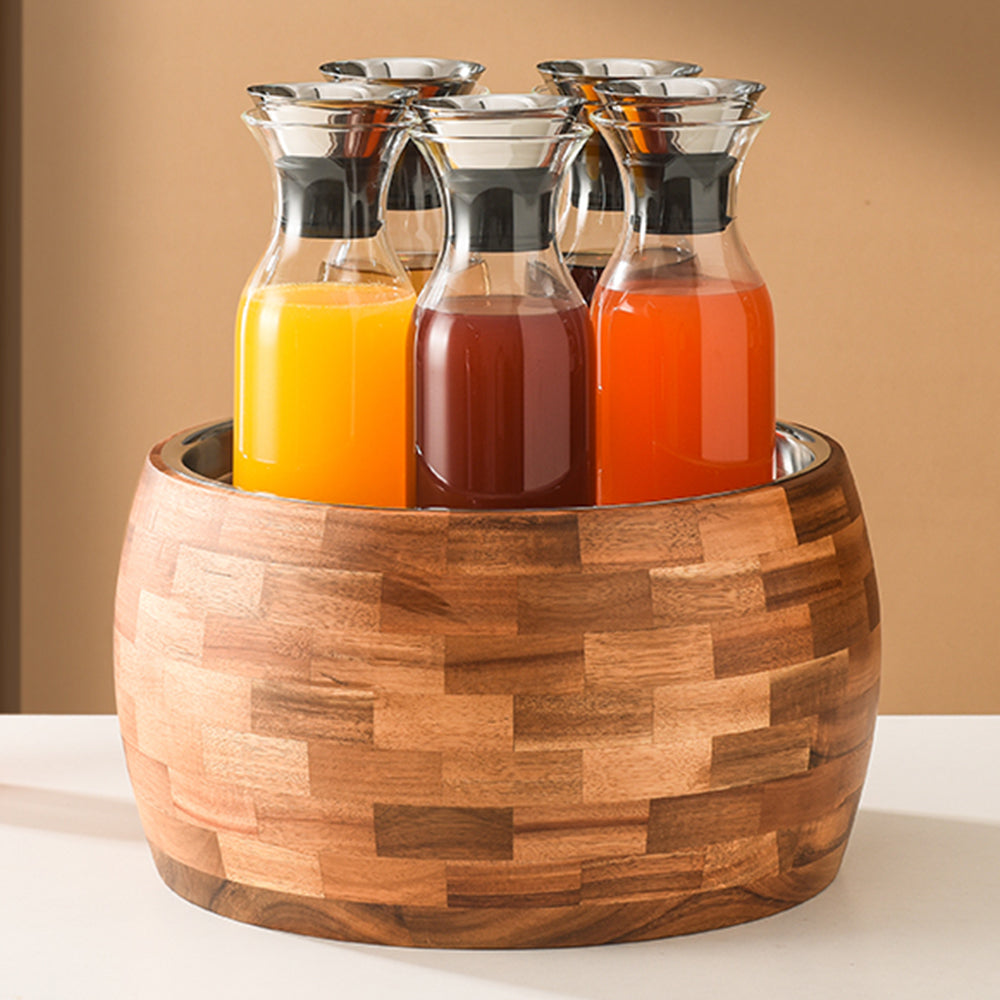 Edicel 6.5L Wooden Beverage Display Stand with 5 Glass Carafes for Hotel Buffet