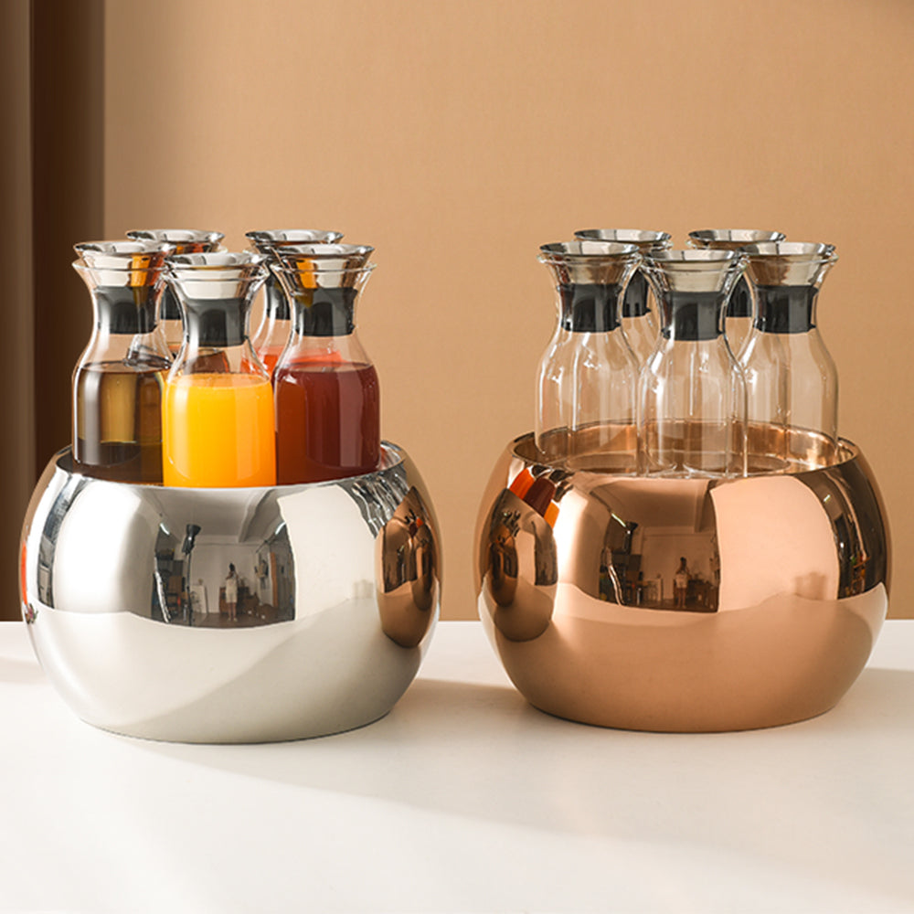 Edicel 6.5L Wooden Beverage Display Stand with 5 Glass Carafes for Hotel Buffet