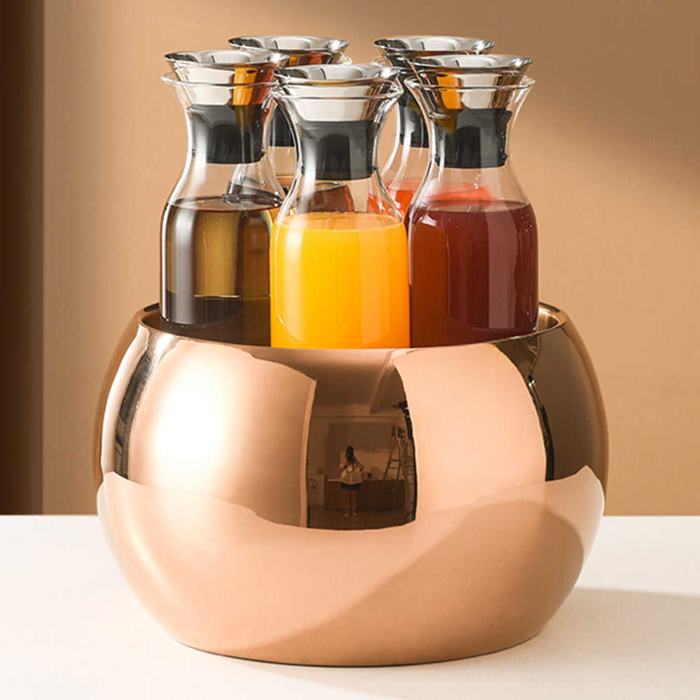Edicel 6.5L Wooden Beverage Display Stand with 5 Glass Carafes for Hotel Buffet