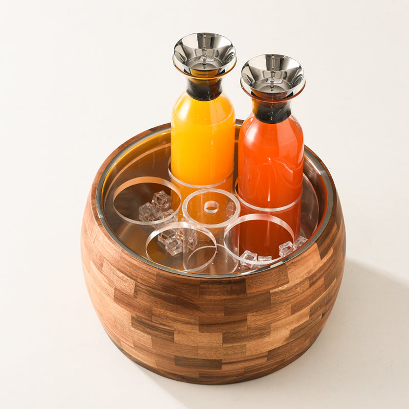 Edicel 6.5L Wooden Beverage Display Stand with 5 Glass Carafes for Hotel Buffet