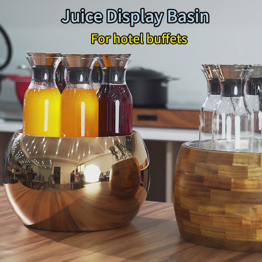 Edicel 6.5L Wooden Beverage Display Stand with 5 Glass Carafes for Hotel Buffet